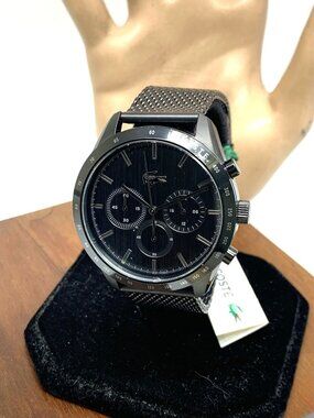 Lacoste Men's Watch 2011162 Quartz Chronograph Black Dial Leather Band 42mm